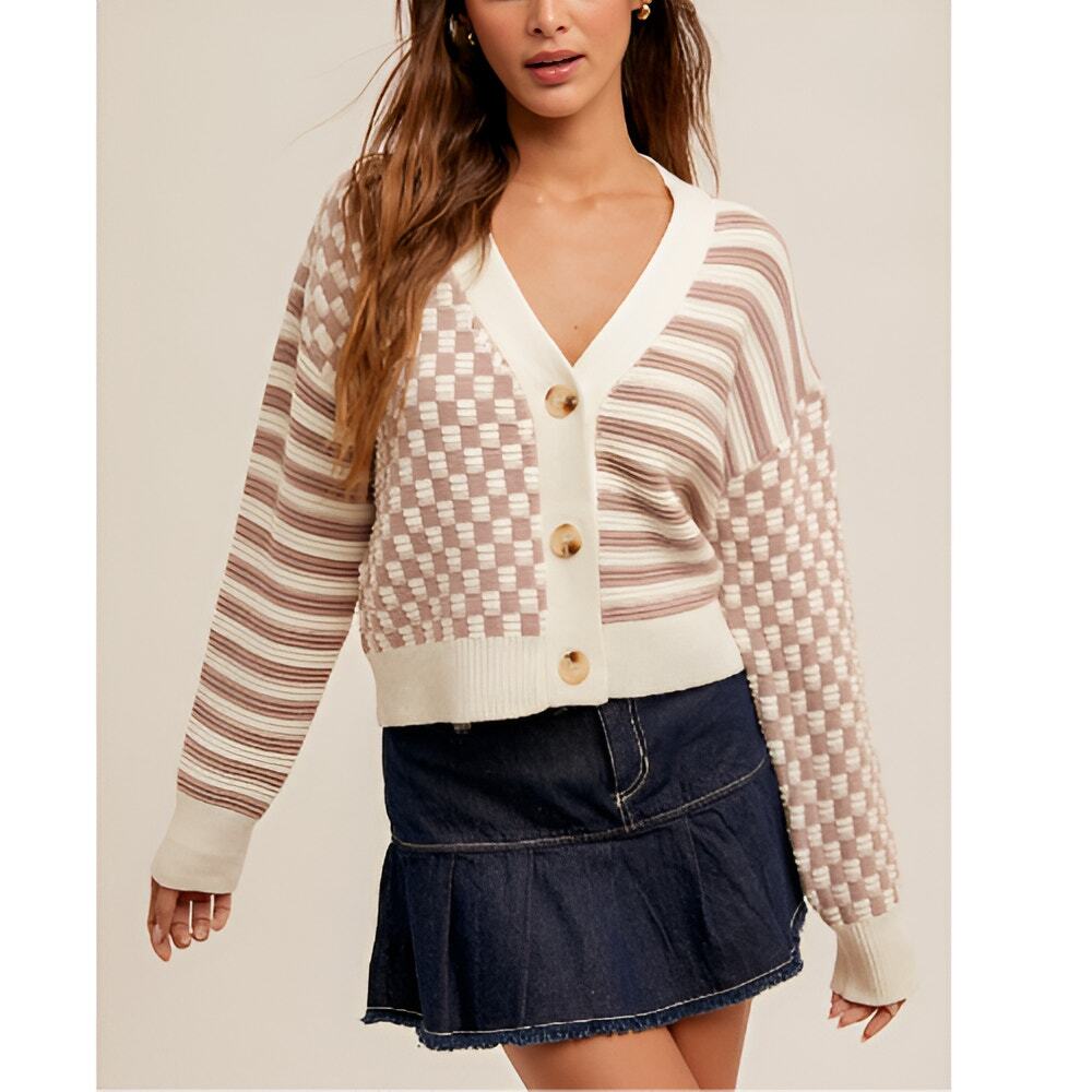 NEW Sincerely Jules Womens Fall Preppy Check Striped Crop Cardigan Sweater XL